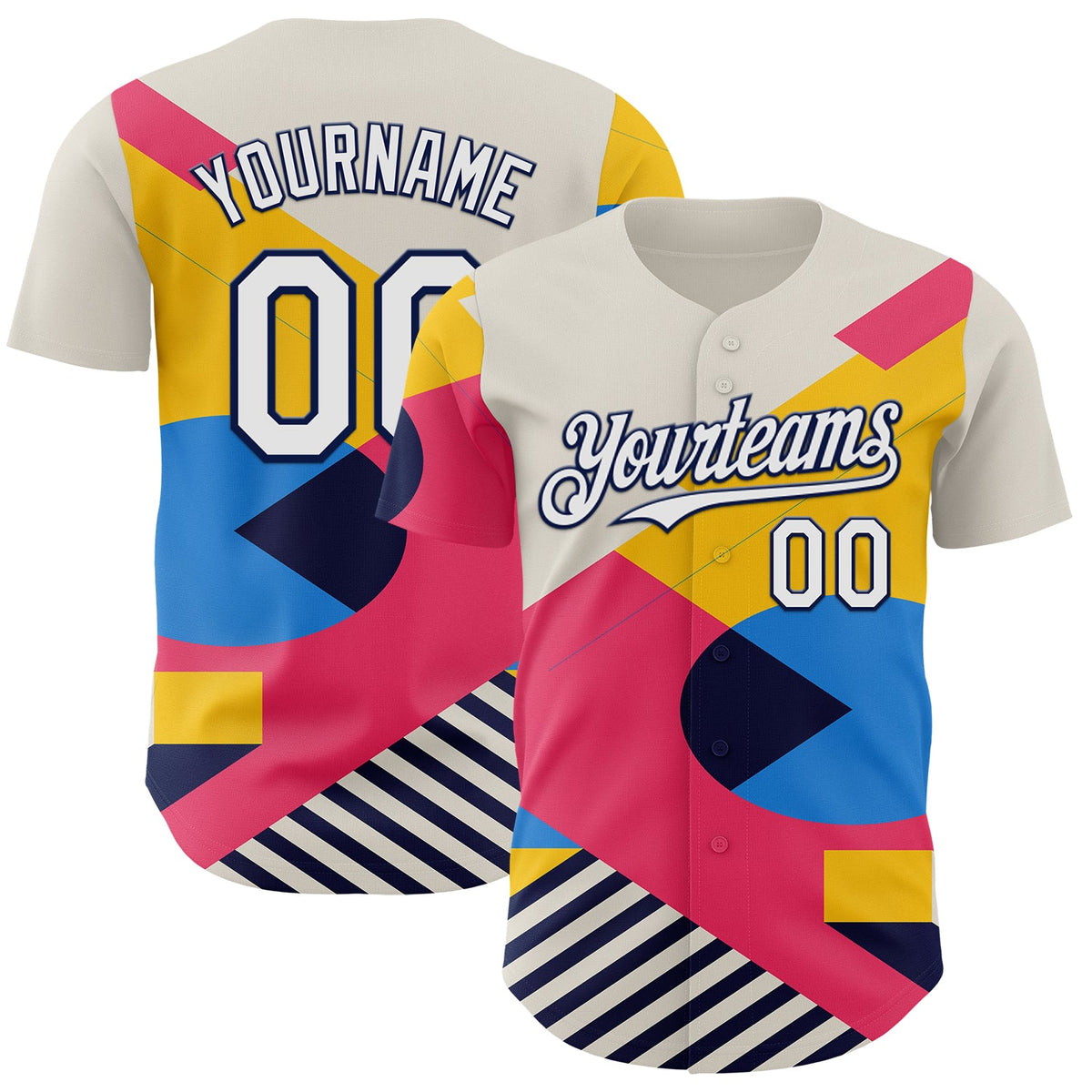 Custom Cream White Neon Pink Yellow-Navy Geometric Patchwork Asymmetry Authentic Baseball Jersey