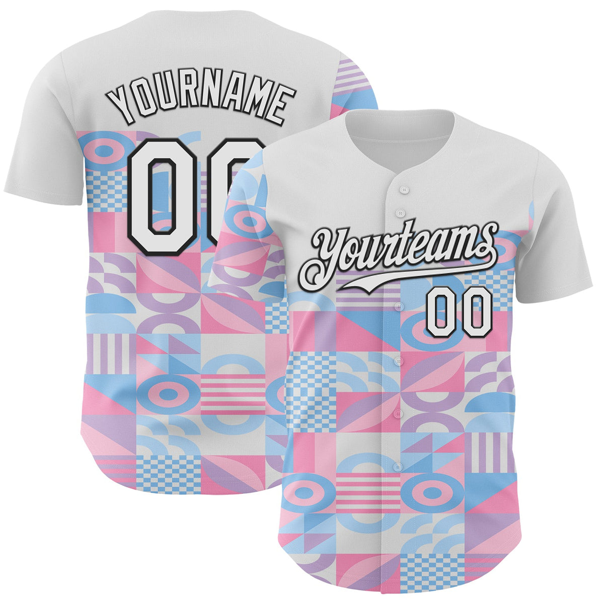 Custom White Pink Blue-Black Geometric Patchwork Asymmetry Authentic Baseball Jersey