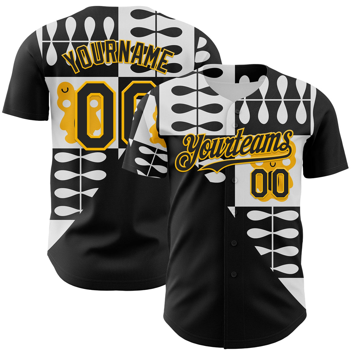 Custom White Black-Gold Geometric Patchwork Asymmetry Authentic Baseball Jersey