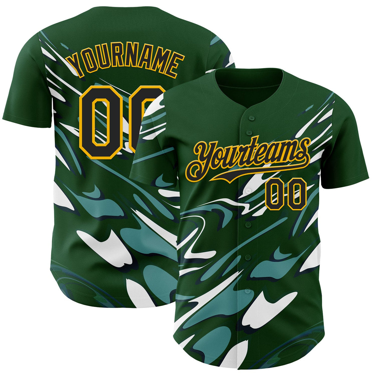 Custom Green Black-Gold Geometric Patchwork Asymmetry Fluid Swirl Authentic Baseball Jersey