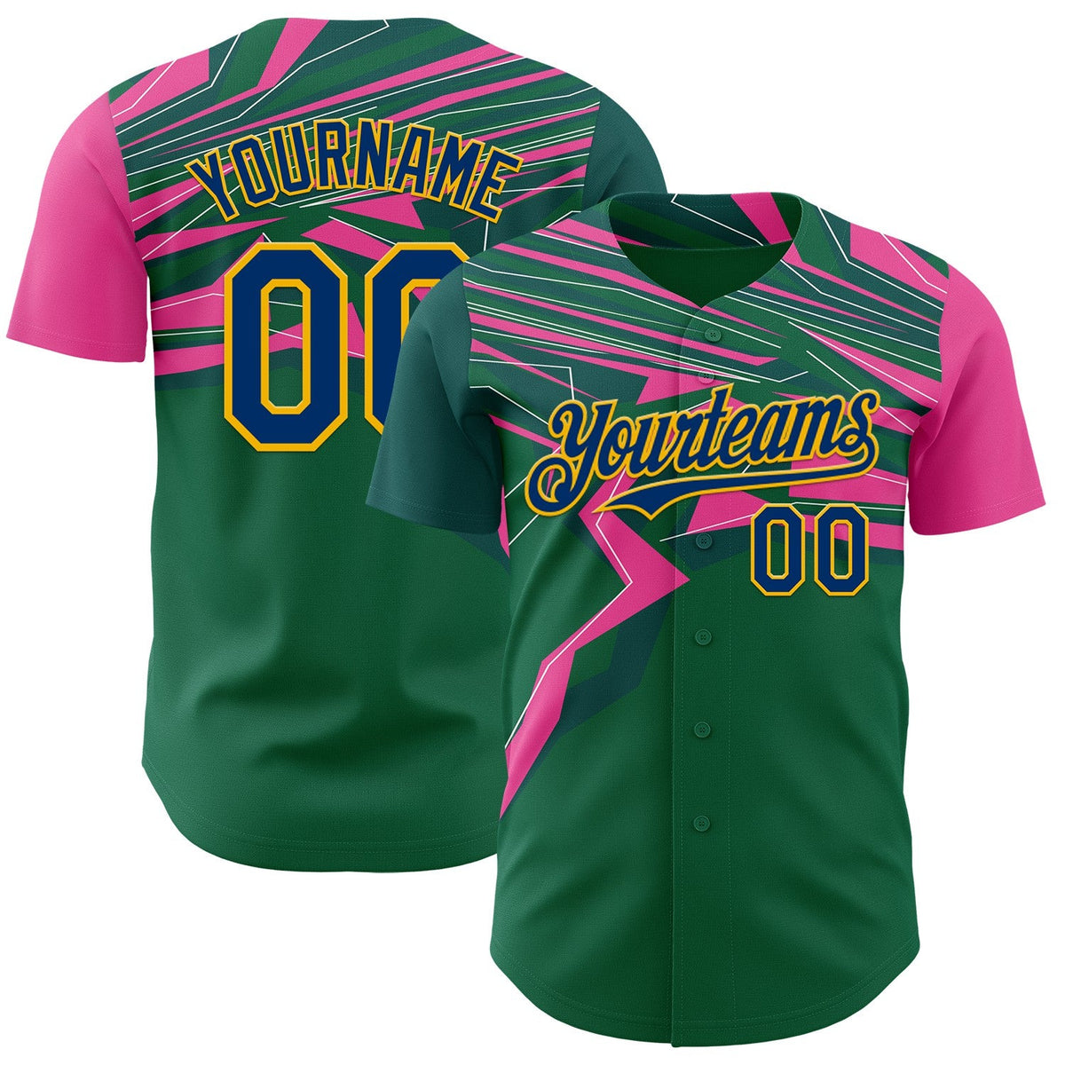 Custom Green US Navy Blue Hot Pink-Gold Geometric Patchwork Asymmetry Authentic Baseball Jersey