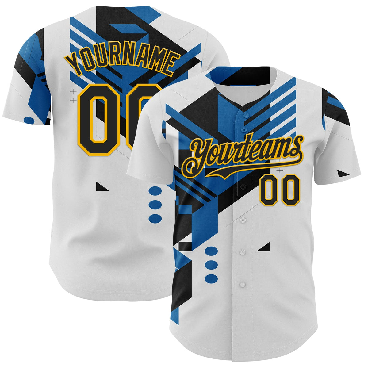 Custom White Black Blue-Gold Geometric Patchwork Asymmetry Authentic Baseball Jersey
