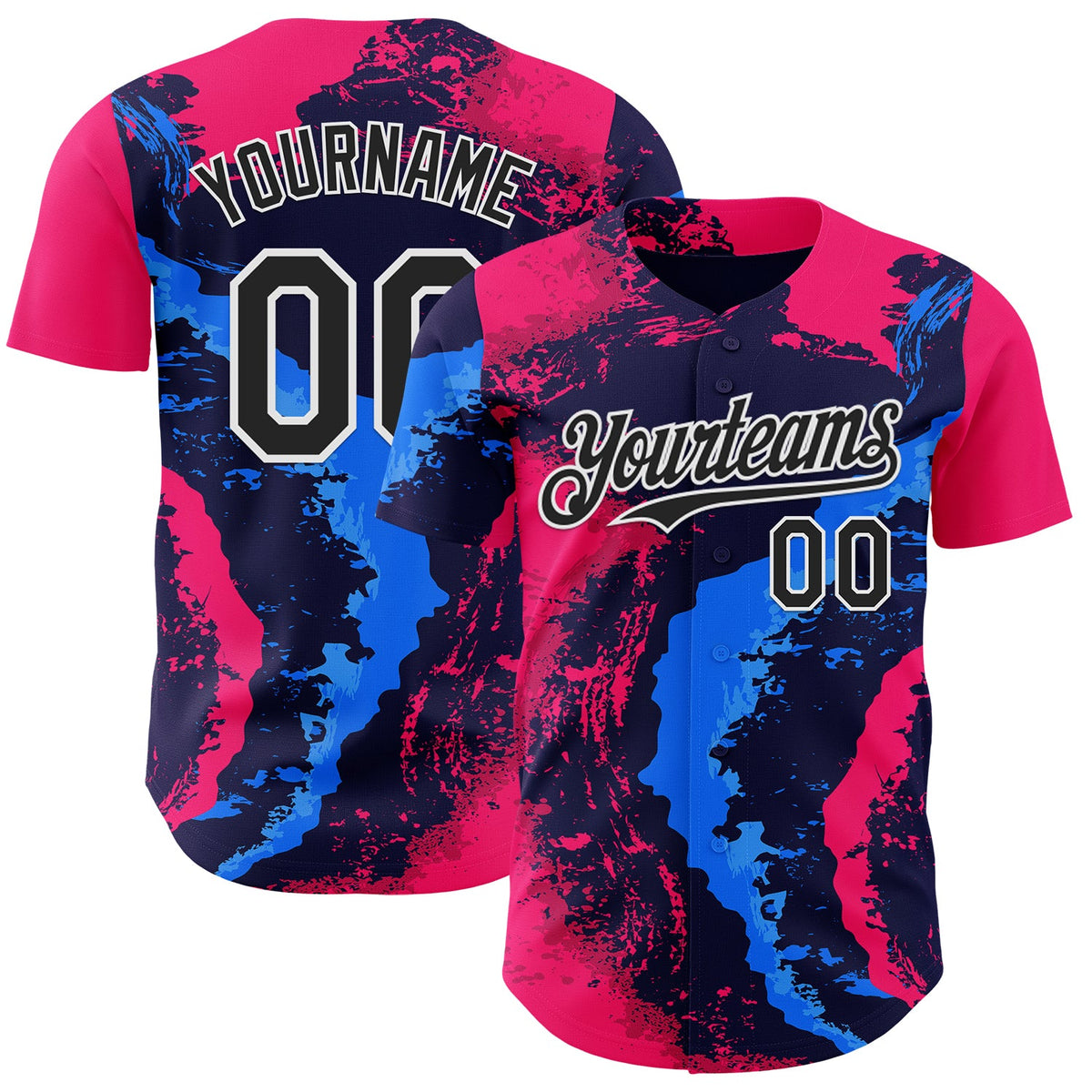 Custom Pink Black Blue-White Geometric Patchwork Asymmetry Fluid Swirl Splatter Authentic Baseball Jersey