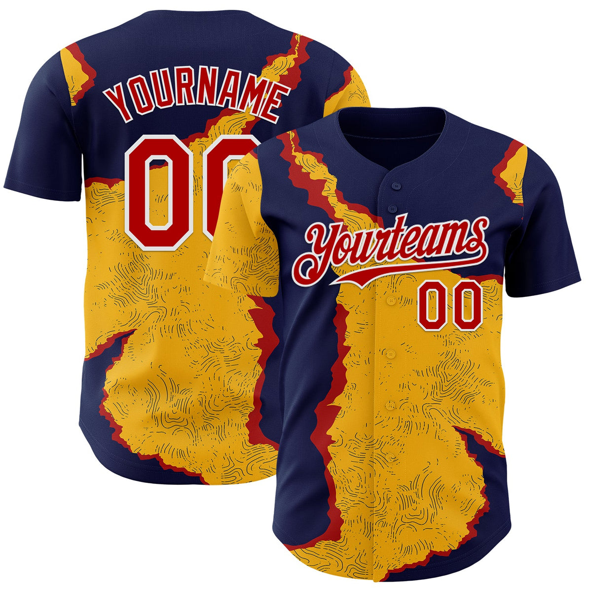 Custom Navy Red Gold-White Geometric Patchwork Asymmetry Torn Authentic Baseball Jersey