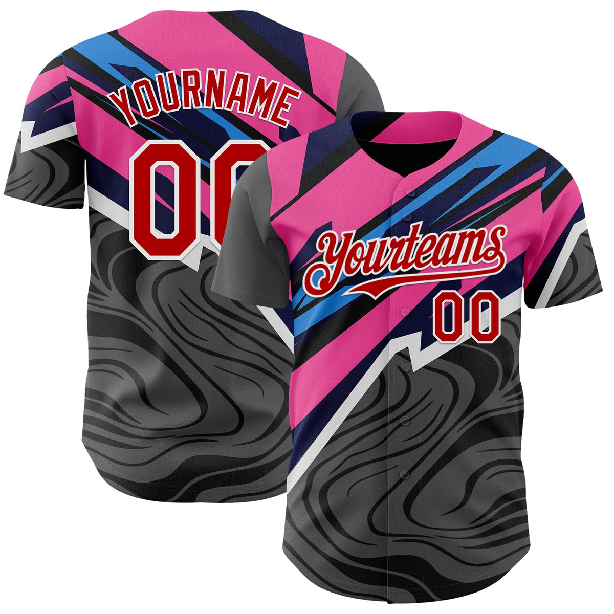Custom Gray Red Pink Blue-White Geometric Patchwork Asymmetry Fluid Swirl Authentic Baseball Jersey