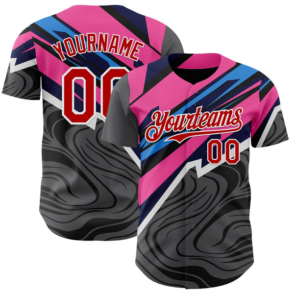Custom Gray Red Pink Blue-White Geometric Patchwork Asymmetry Fluid Swirl Authentic Baseball Jersey