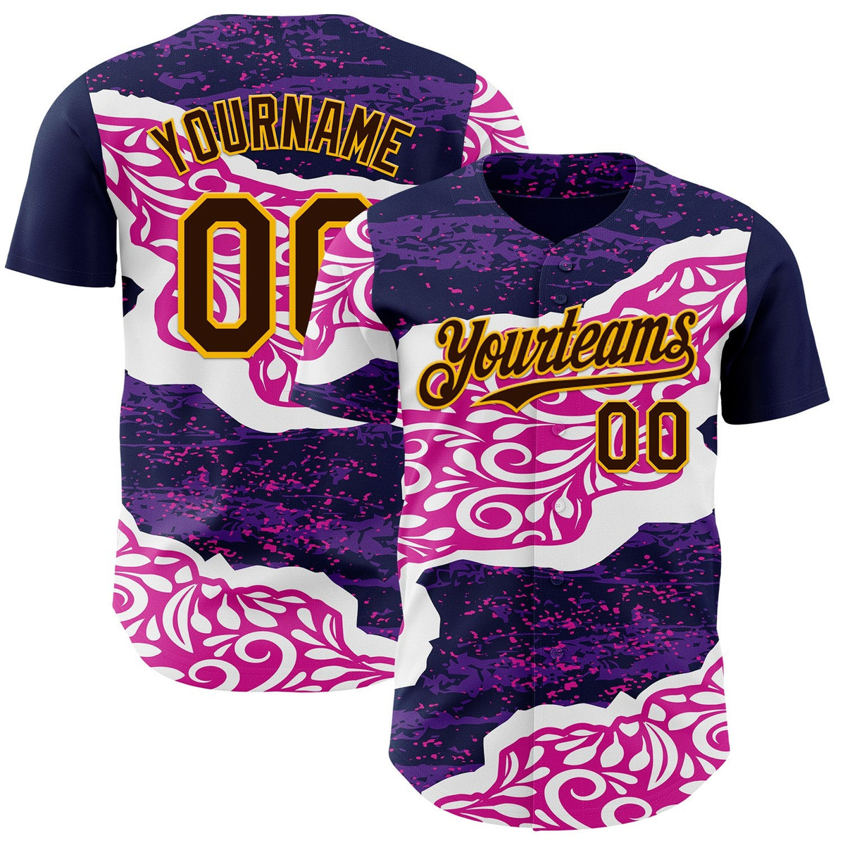 Custom Purple Brown Deep Pink-Gold Geometric Patchwork Asymmetry Torn Tropical Floral Authentic Baseball Jersey