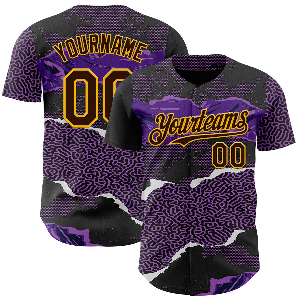Custom Purple Brown Black-Gold Geometric Patchwork Asymmetry Torn Authentic Baseball Jersey