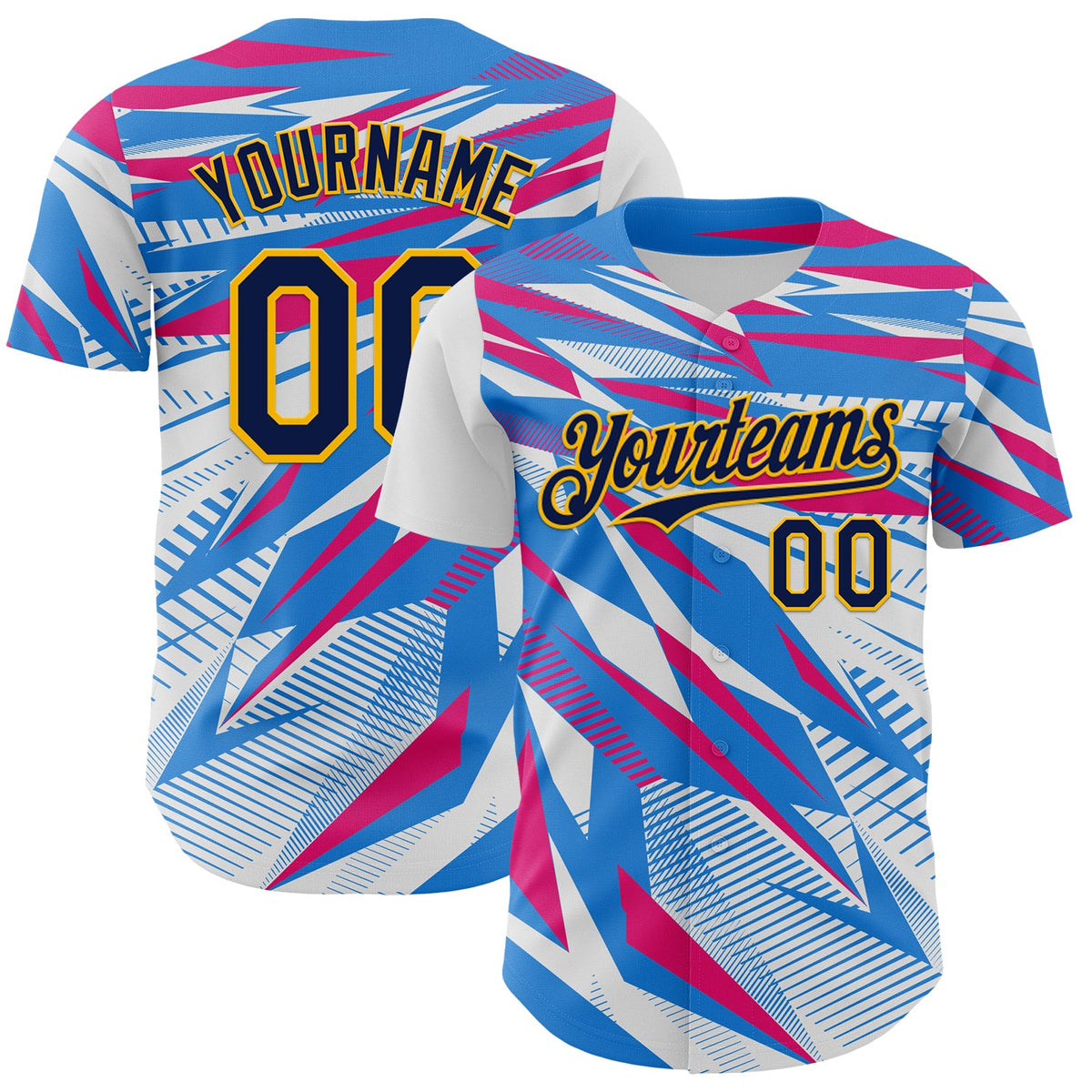 Custom White Navy Blue Hot Pink-Gold Geometric Patchwork Asymmetry Authentic Baseball Jersey