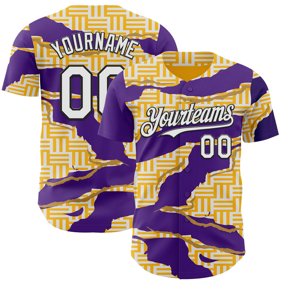 Custom Gold White Purple-Black Geometric Patchwork Asymmetry Torn Authentic Baseball Jersey