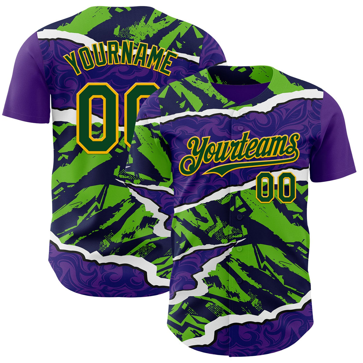 Custom Purple Green-Gold Geometric Patchwork Asymmetry Torn Authentic Baseball Jersey