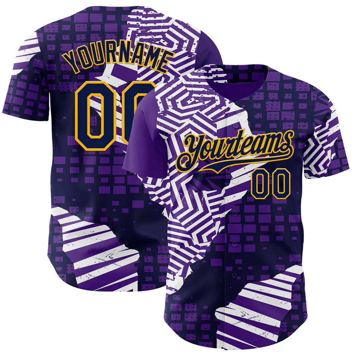 Custom Purple Navy-Gold Geometric Patchwork Asymmetry Torn Authentic Baseball Jersey