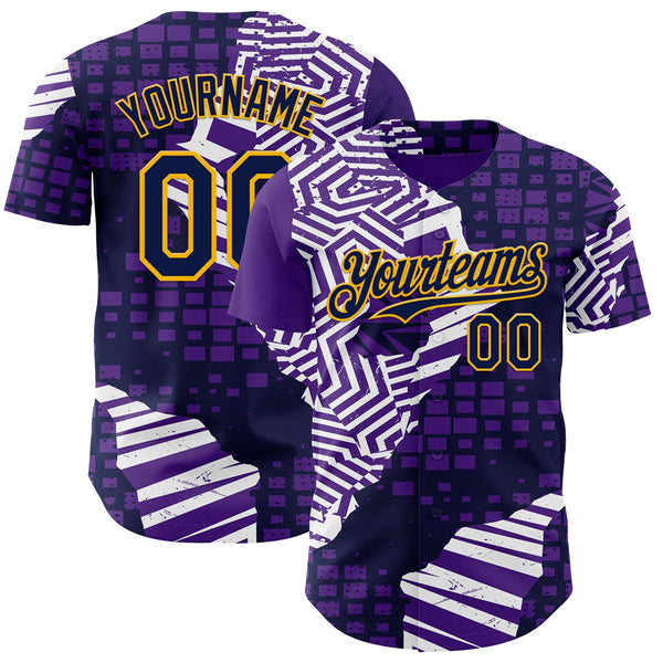 Custom Purple Navy-Gold Geometric Patchwork Asymmetry Torn Authentic Baseball Jersey