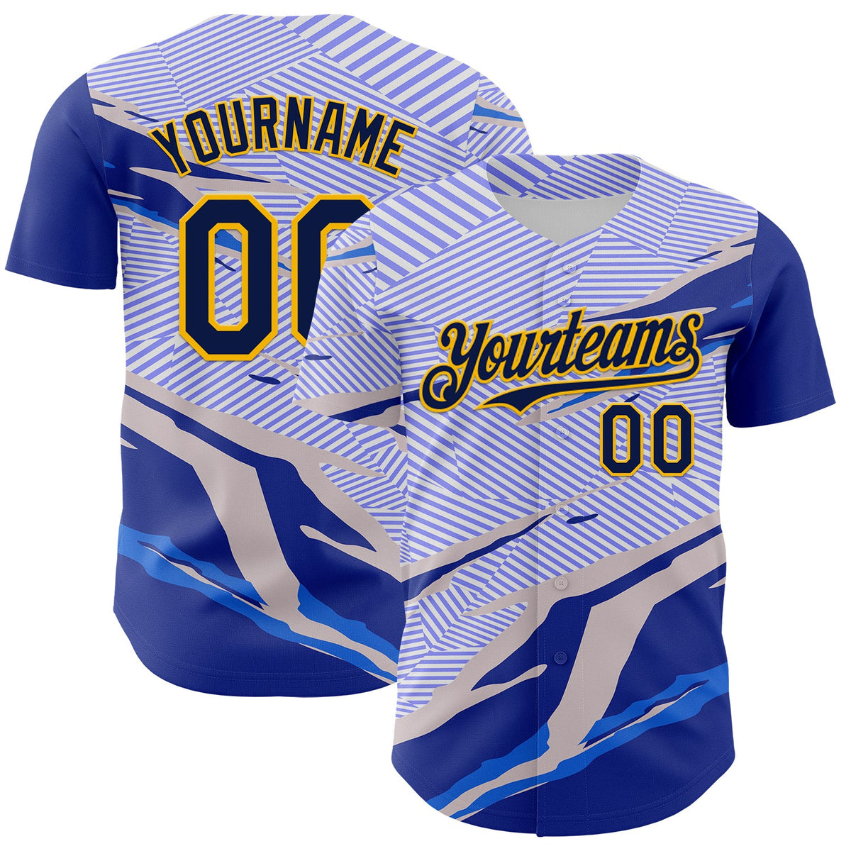 Custom Blue Navy Gray-Gold Geometric Patchwork Asymmetry Torn Authentic Baseball Jersey