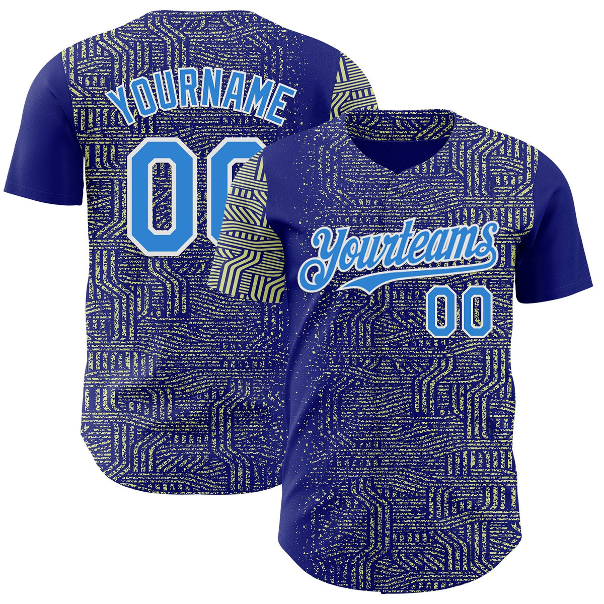 Custom Blue Electric Blue Green-White Geometric Patchwork Asymmetry Authentic Baseball Jersey