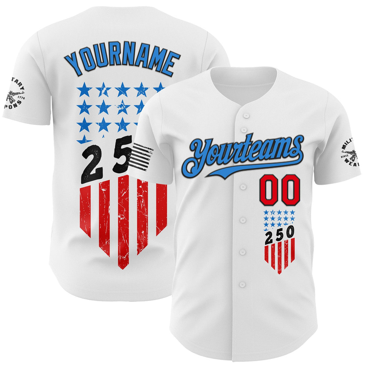 Custom White Fire Red Black-Electric Blue USA 250 Flag Patriotic Authentic Baseball Jersey