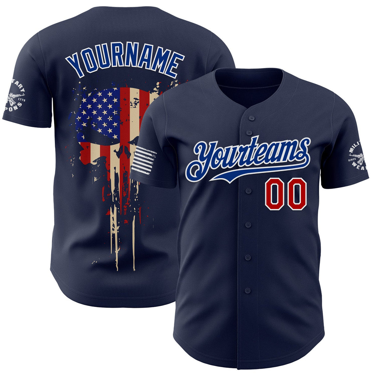 Custom Navy Red White-Royal USA 250 Flag Skull Authentic Baseball Jersey