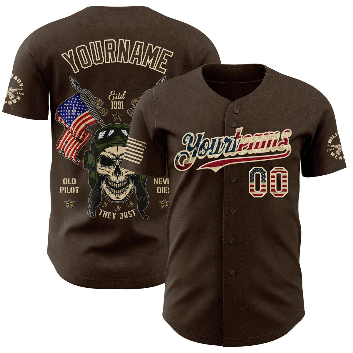 Custom Brown Vintage USA Flag-City Cream USA 250 Old Pilot Skull Authentic Baseball Jersey