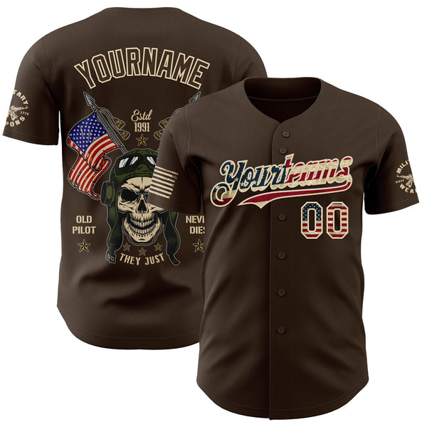 Custom Brown Vintage USA Flag-City Cream USA 250 Old Pilot Skull Authentic Baseball Jersey