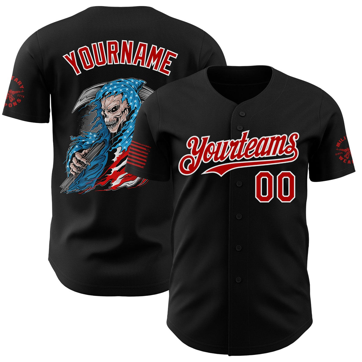 Custom Black Red-White USA 250 American Flag Grim Reaper Skull Authentic Baseball Jersey