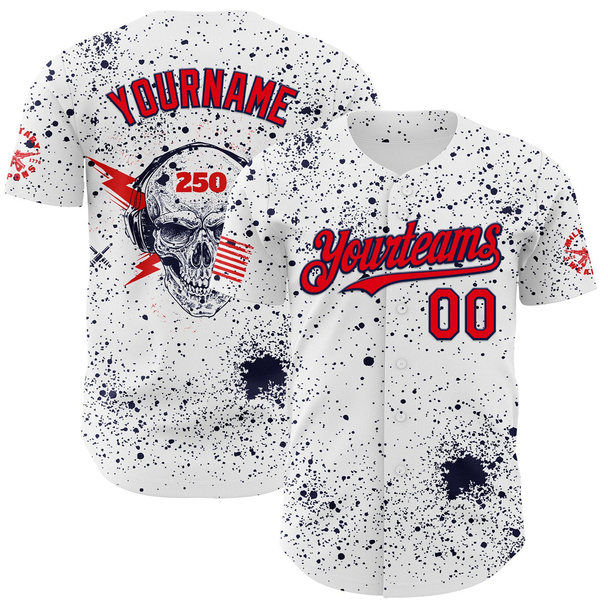Custom White Fire Red-Navy USA 250 American Flag Music Skull Authentic Baseball Jersey