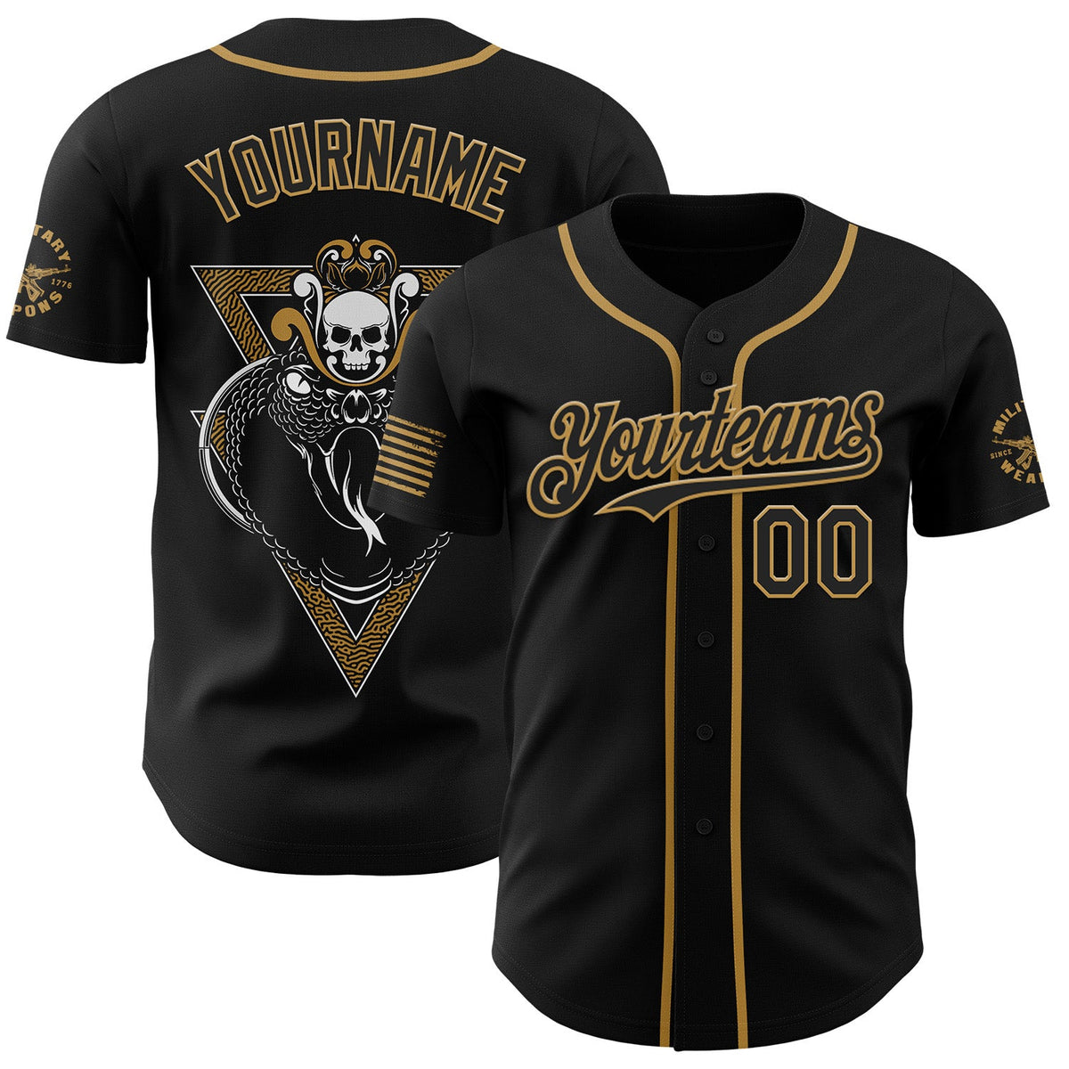 Custom Black-Old Gold USA 250 American Flag Snake Skull Authentic Baseball Jersey