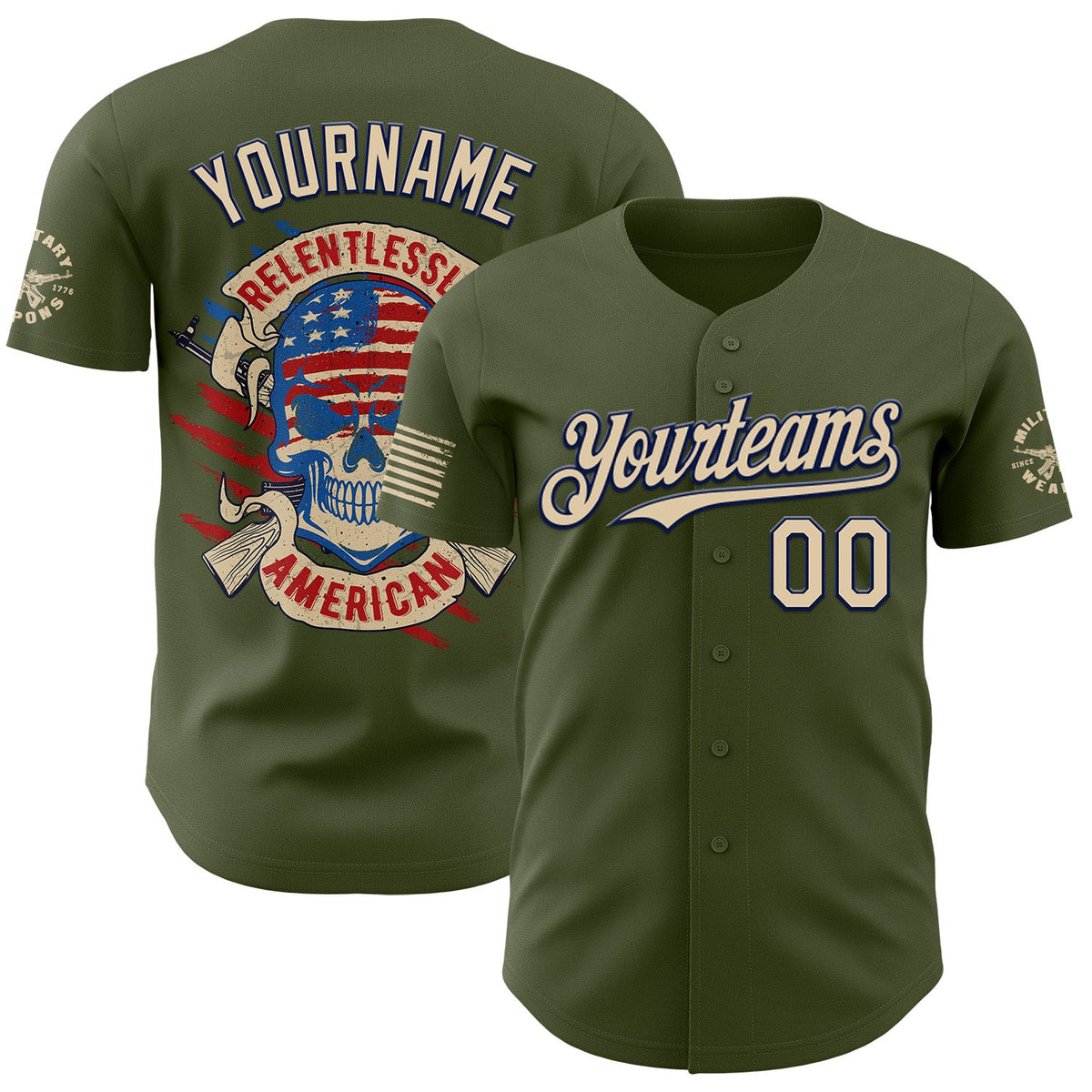 Custom Olive City Cream-Navy USA 250 Relentless American Flag Skull Authentic Baseball Jersey