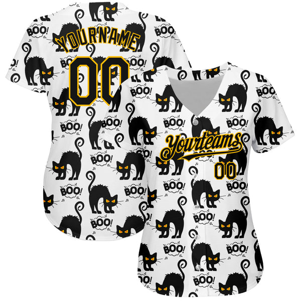 Custom White Black-Yellow 3D Pattern Design Cat Authentic Baseball Jersey alternate