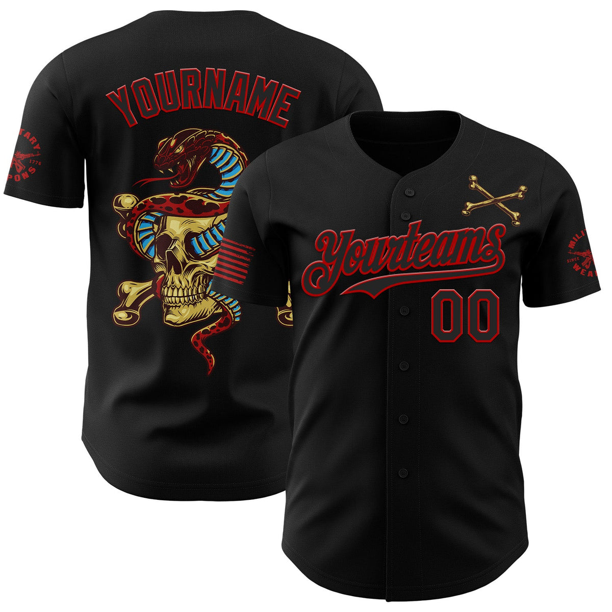 Custom Black-Red USA 250 American Flag Gothic Patriotic Snake Skull Authentic Baseball Jersey