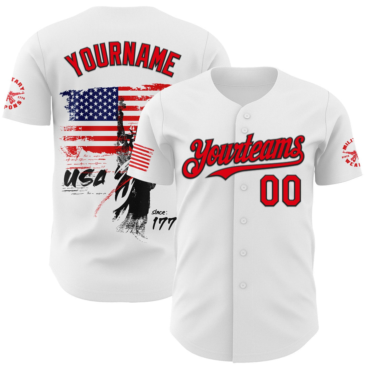 Custom White Fire Red-Black USA 250 American Flag Patriotic Statue of Liberty Authentic Baseball Jersey