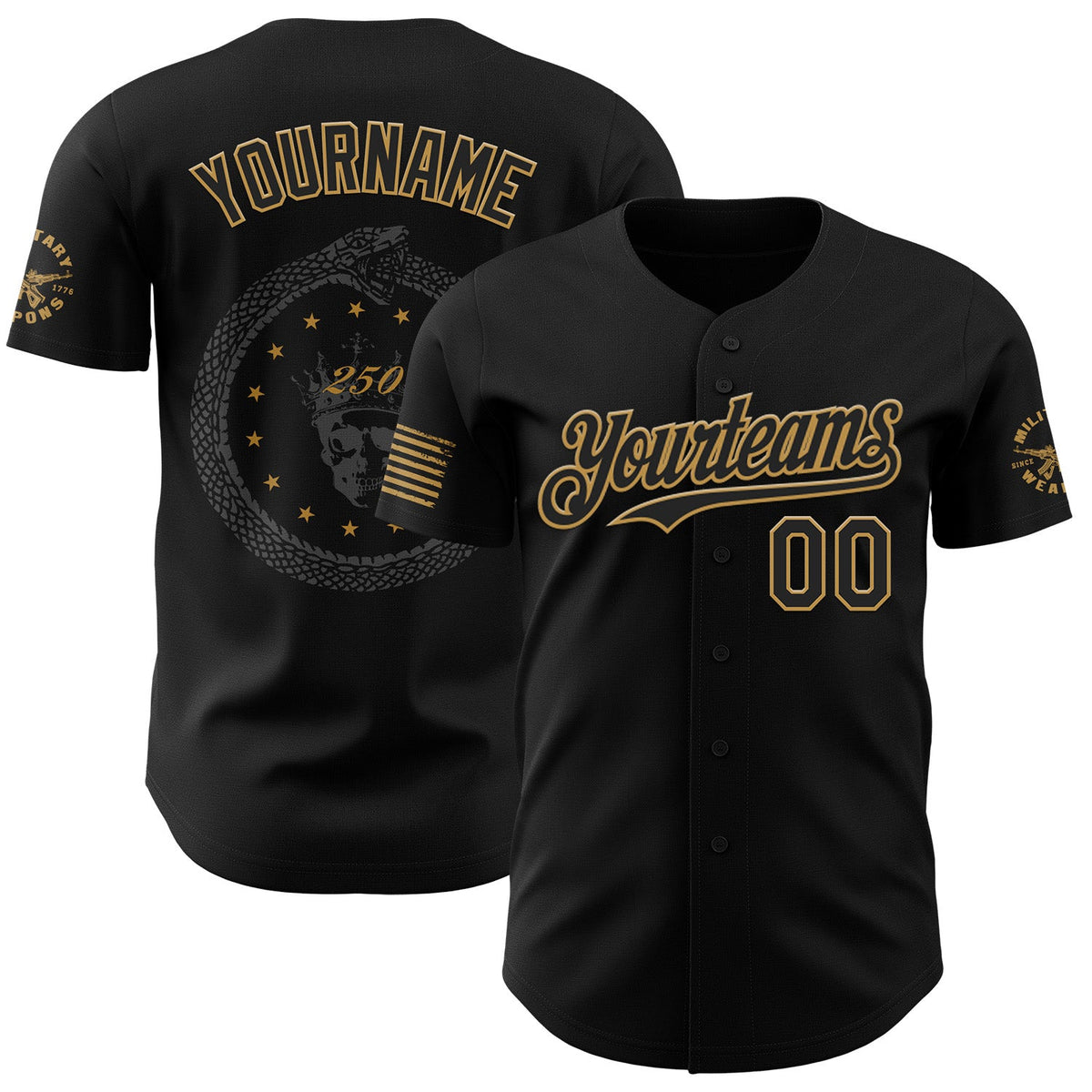 Custom Black-Old Gold USA 250 Ouroboros Skull Authentic Baseball Jersey