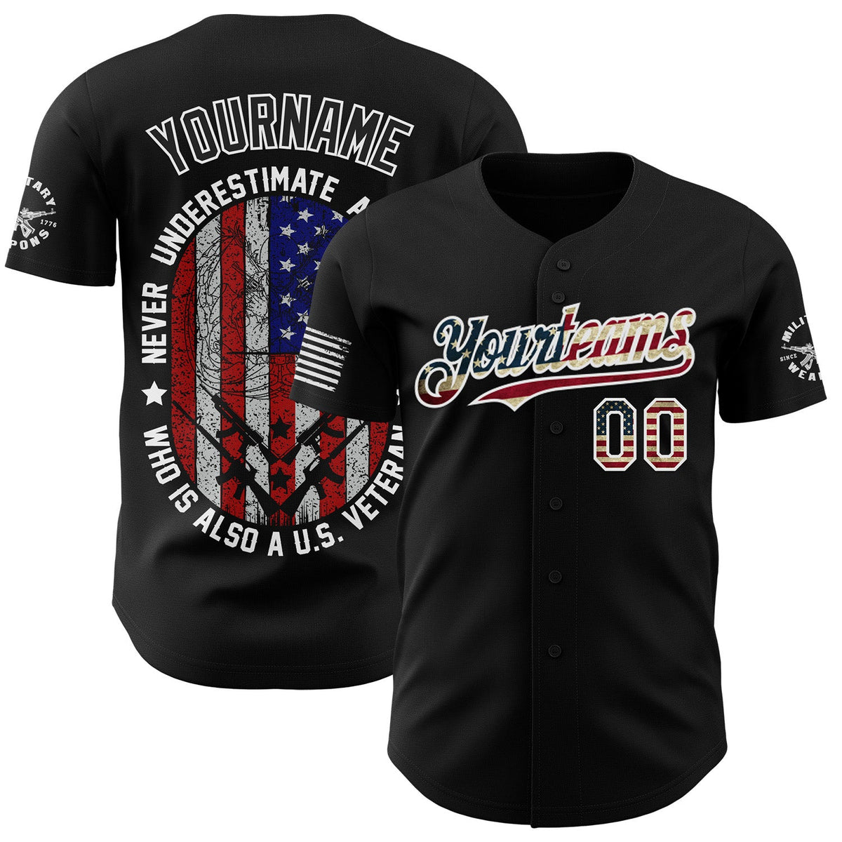 Custom Black Vintage USA Flag-White USA 250 Patriotic Military Veteran Authentic Baseball Jersey
