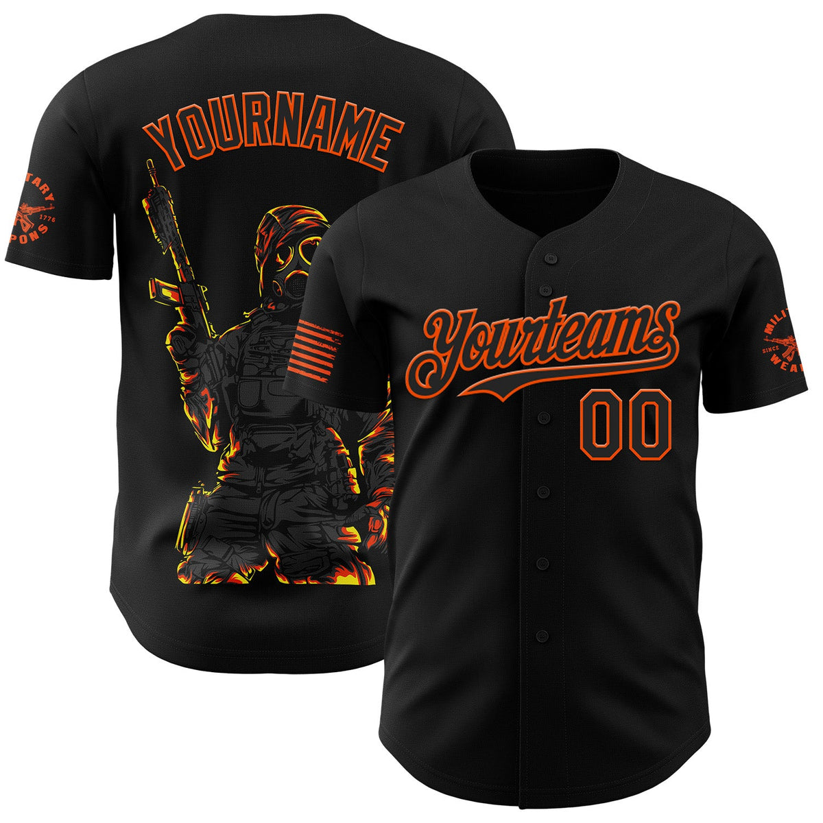 Custom Black-Orange USA 250 Tactical Soldier Flame Authentic Baseball Jersey