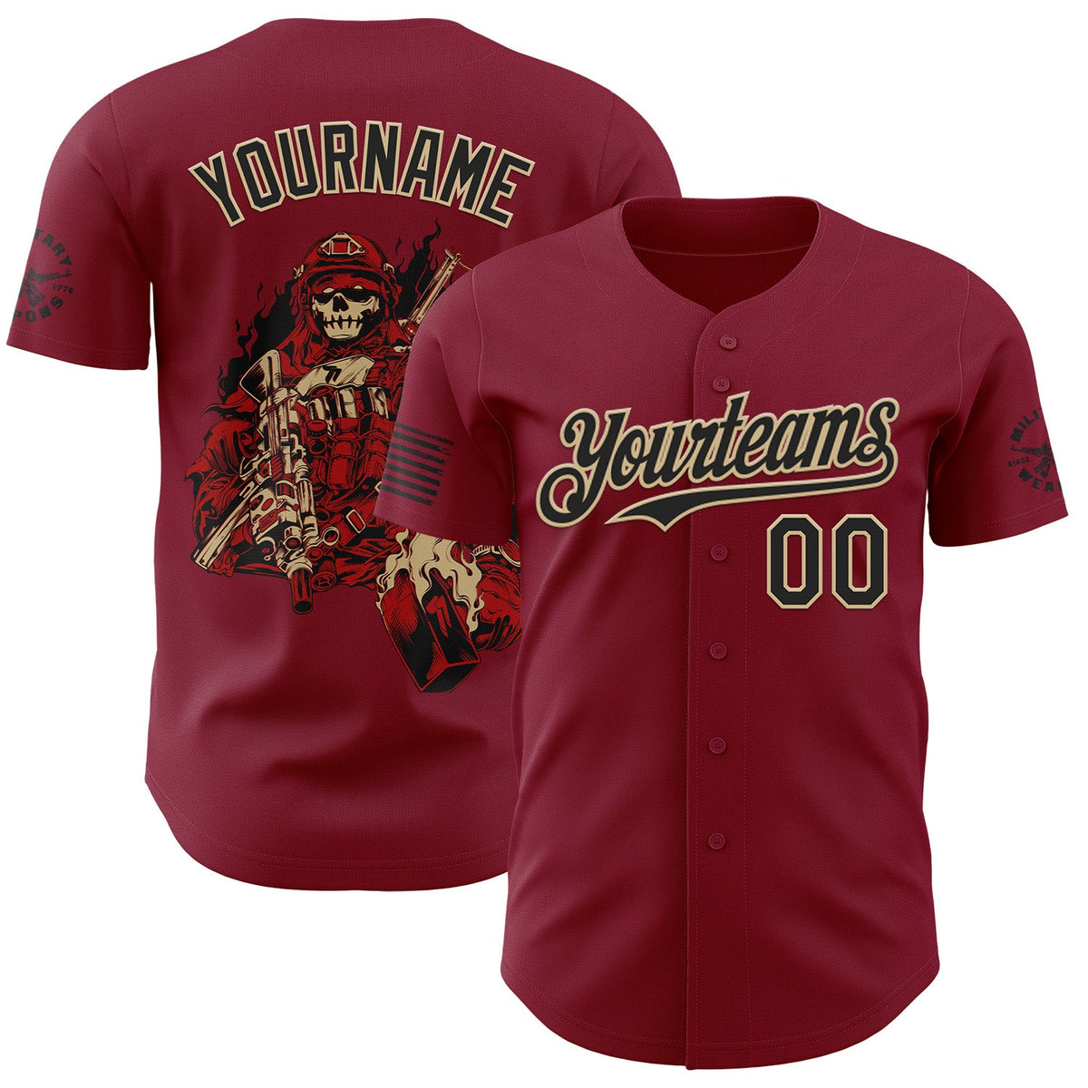 Custom Crimson Black-Vegas Gold USA 250 Tactical Skull Authentic Baseball Jersey