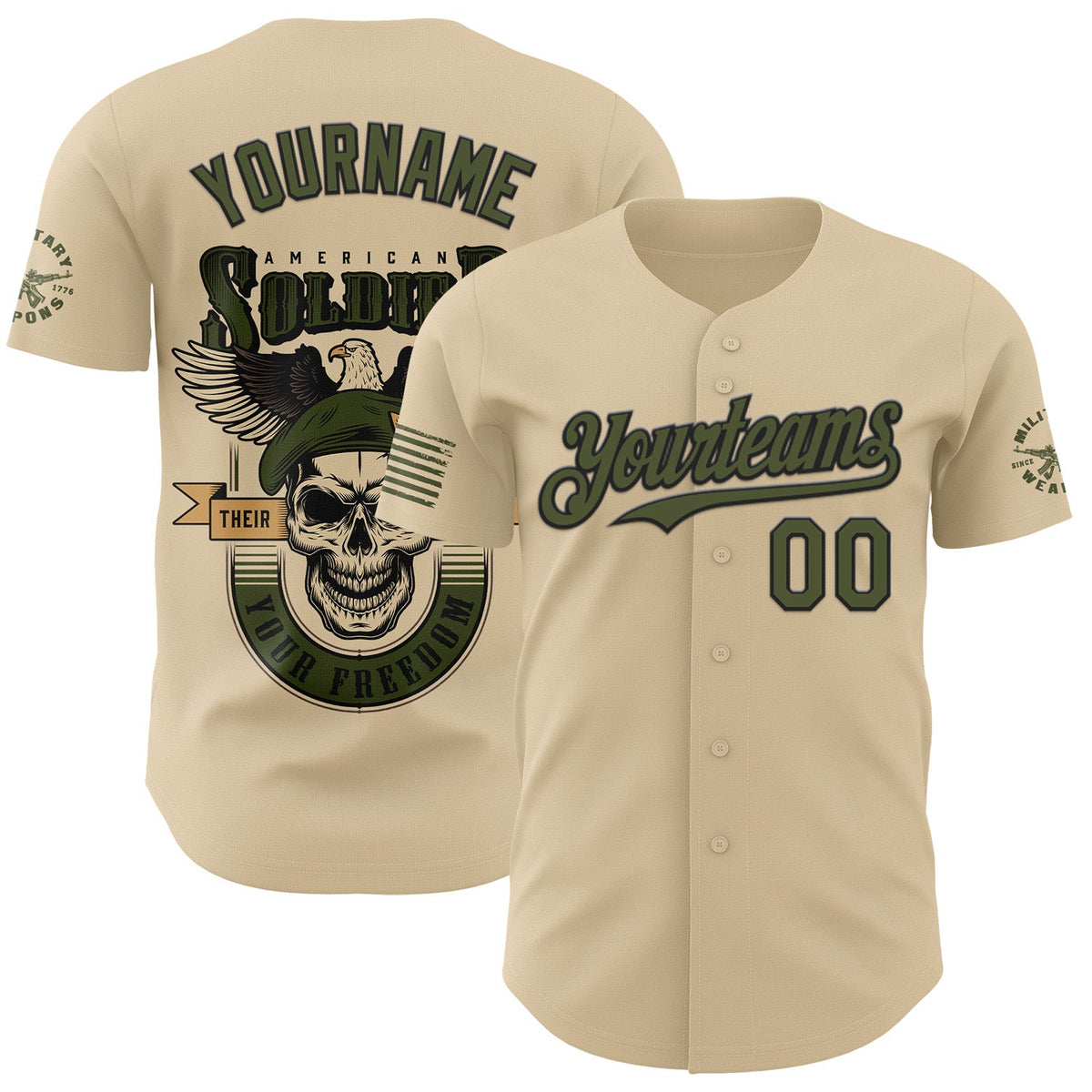 Custom City Cream Olive-Black USA 250 American Flag Soldier Eagle Skull Authentic Baseball Jersey