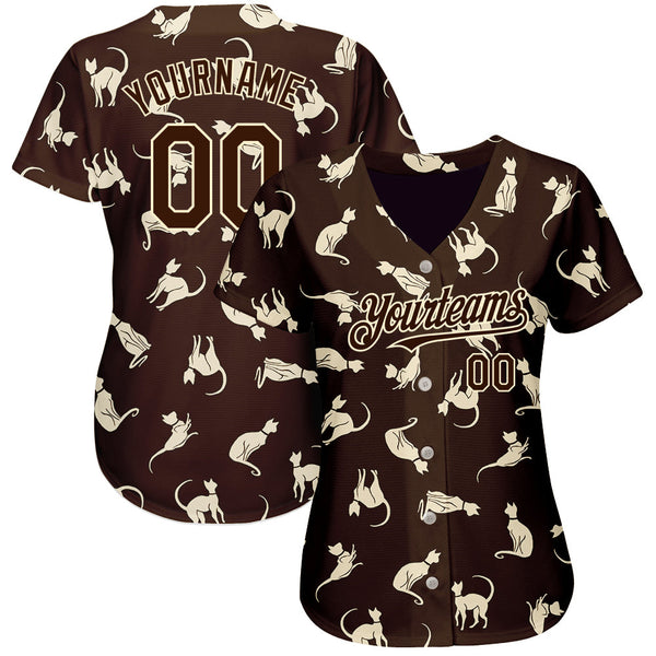 Custom Brown Cream 3D Pattern Design Cat Authentic Baseball Jersey alternate