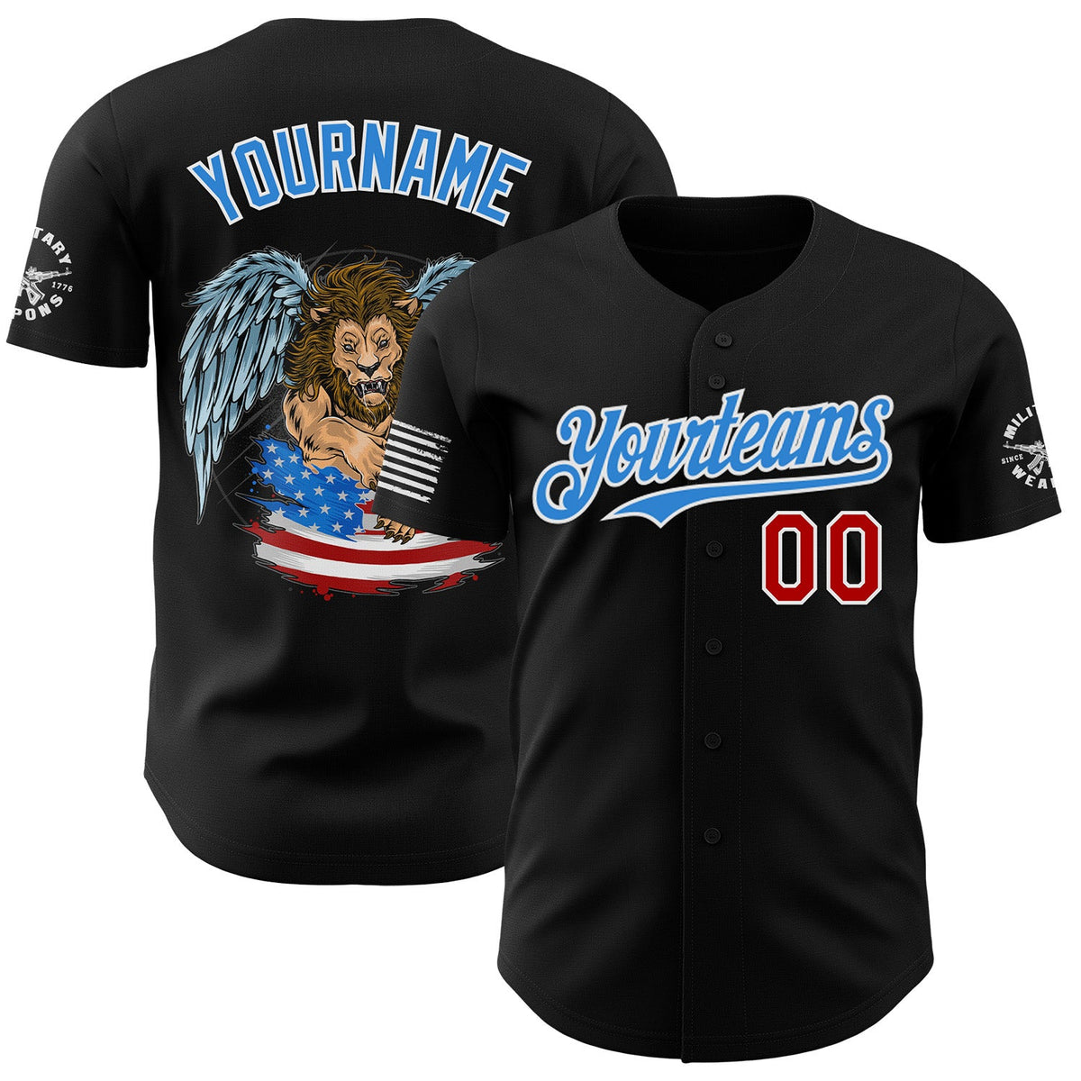 Custom Black Red White-Electric Blue USA 250 American Flag Winged Lion Authentic Baseball Jersey