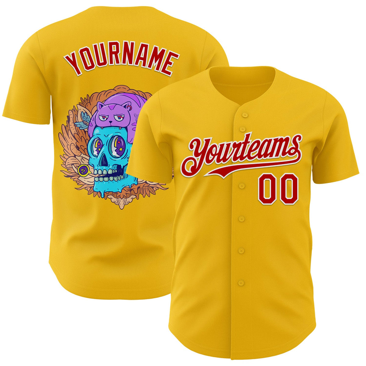 Custom Yellow Red-White Funky Cartoon Skull Cat Authentic Baseball Jersey