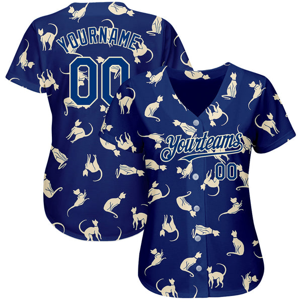 Custom US Navy Blue Cream 3D Pattern Design Cat Authentic Baseball Jersey alternate