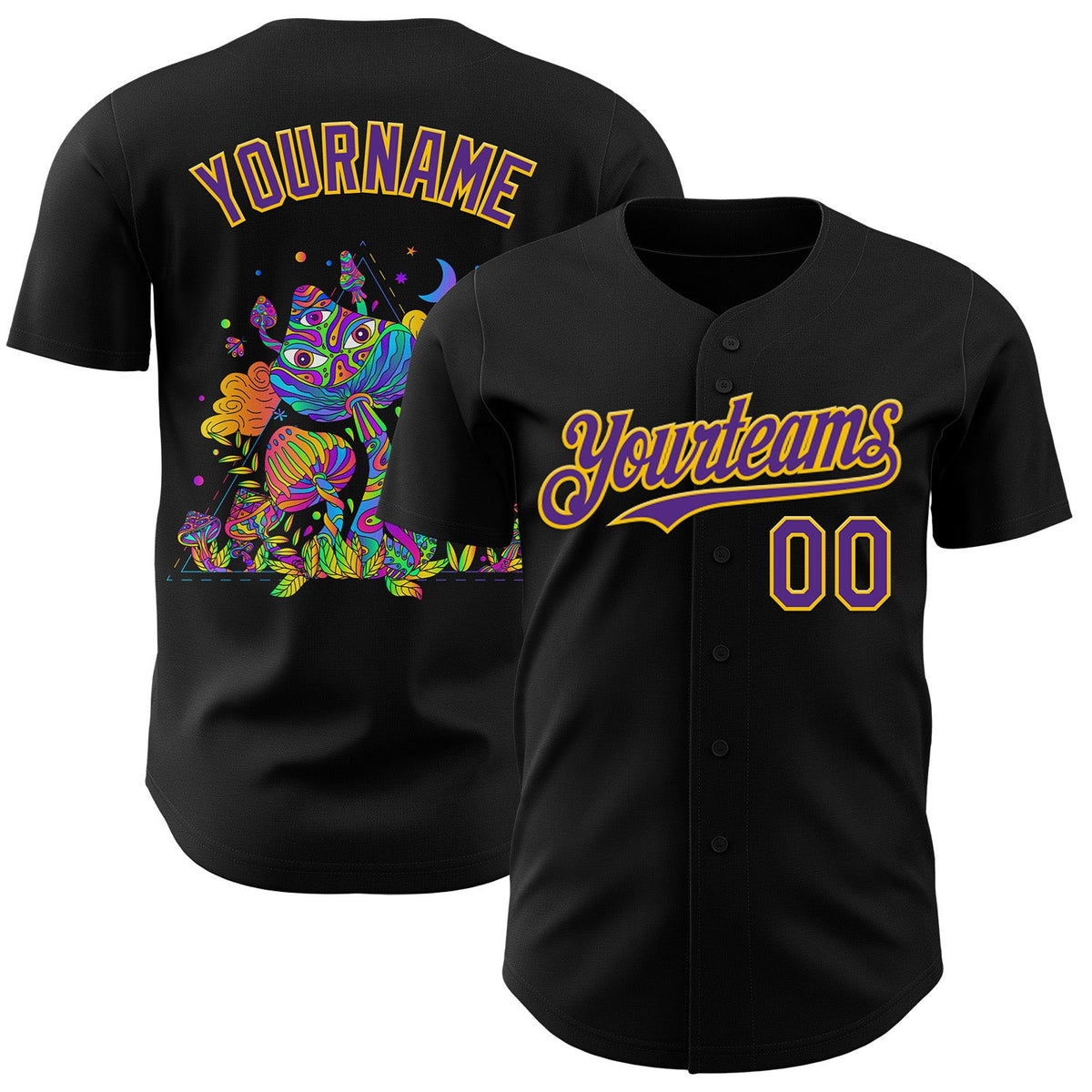 Custom Black Purple-Yellow Psychedelic Neon Trippy Mushroom Authentic Baseball Jersey