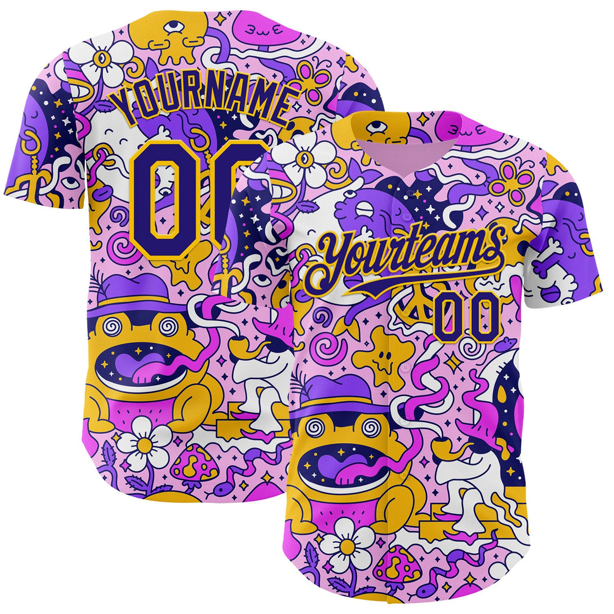 Custom Purple Dark Purple-Yellow Psychedelic Trippy Mushroom Doodle Frog & Ghost Authentic Baseball Jersey