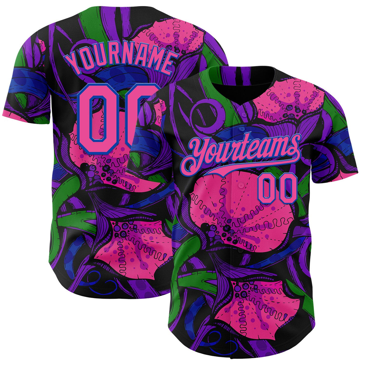 Custom Black Pink-Thunder Blue Psychedelic Trippy Exotic Floral Authentic Baseball Jersey