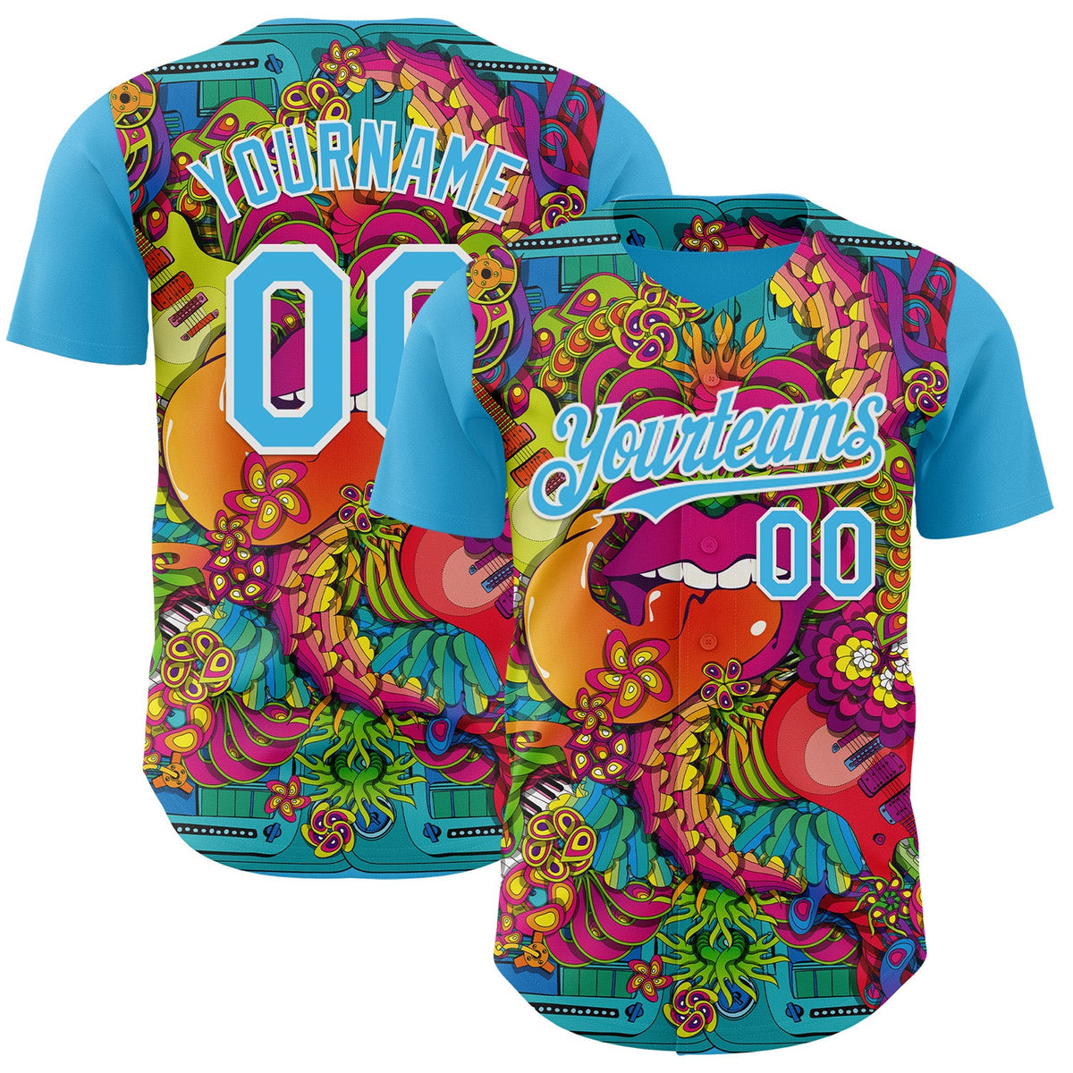 Custom Sky Blue-White Psychedelic Trippy Exotic Floral Authentic Baseball Jersey