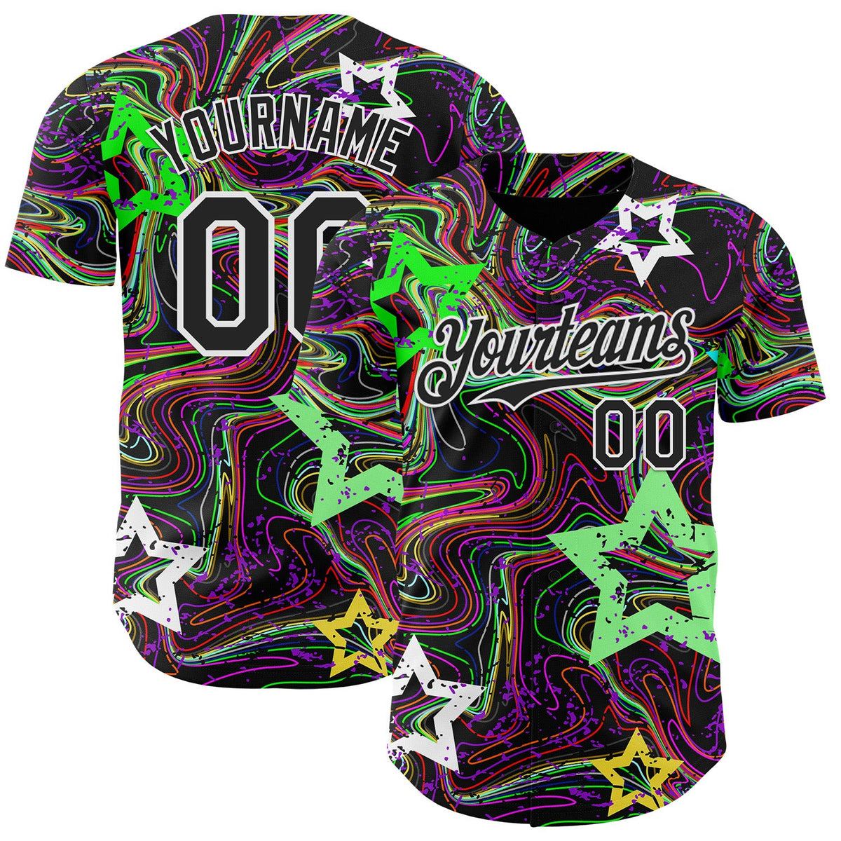 Custom Black-White Psychedelic Trippy Swirl Neon Star Authentic Baseball Jersey