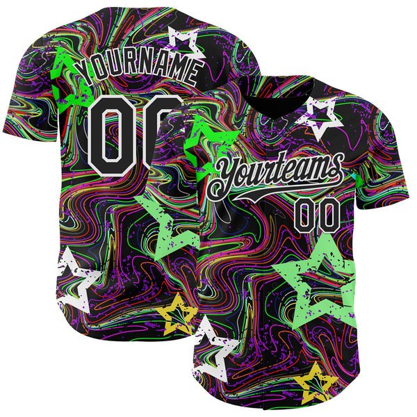 Custom Black-White Psychedelic Trippy Swirl Neon Star Authentic Baseball Jersey