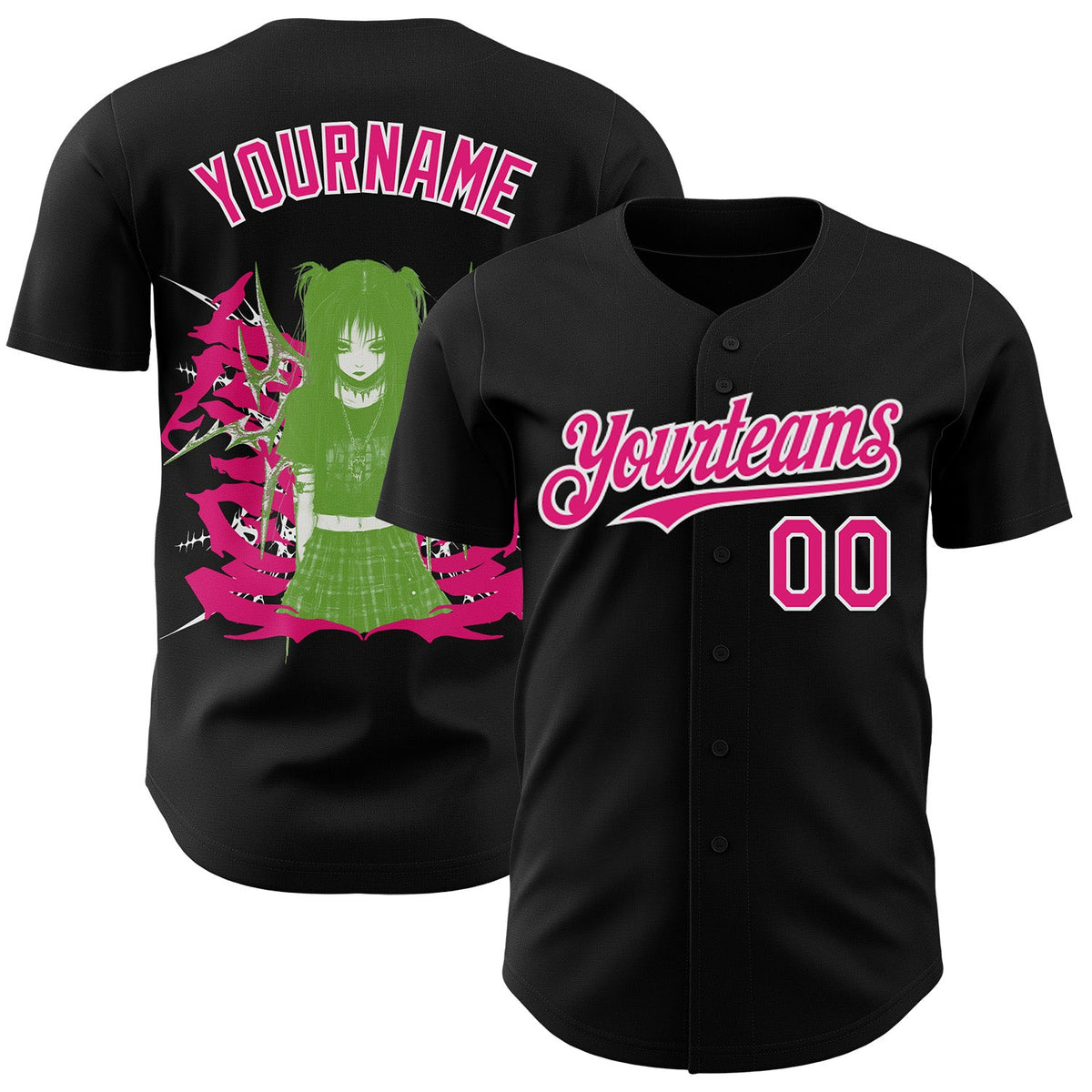 Custom Black Hot Pink-White Psychedelic Trippy Cyber Y2K Emo Goth Anime Authentic Baseball Jersey