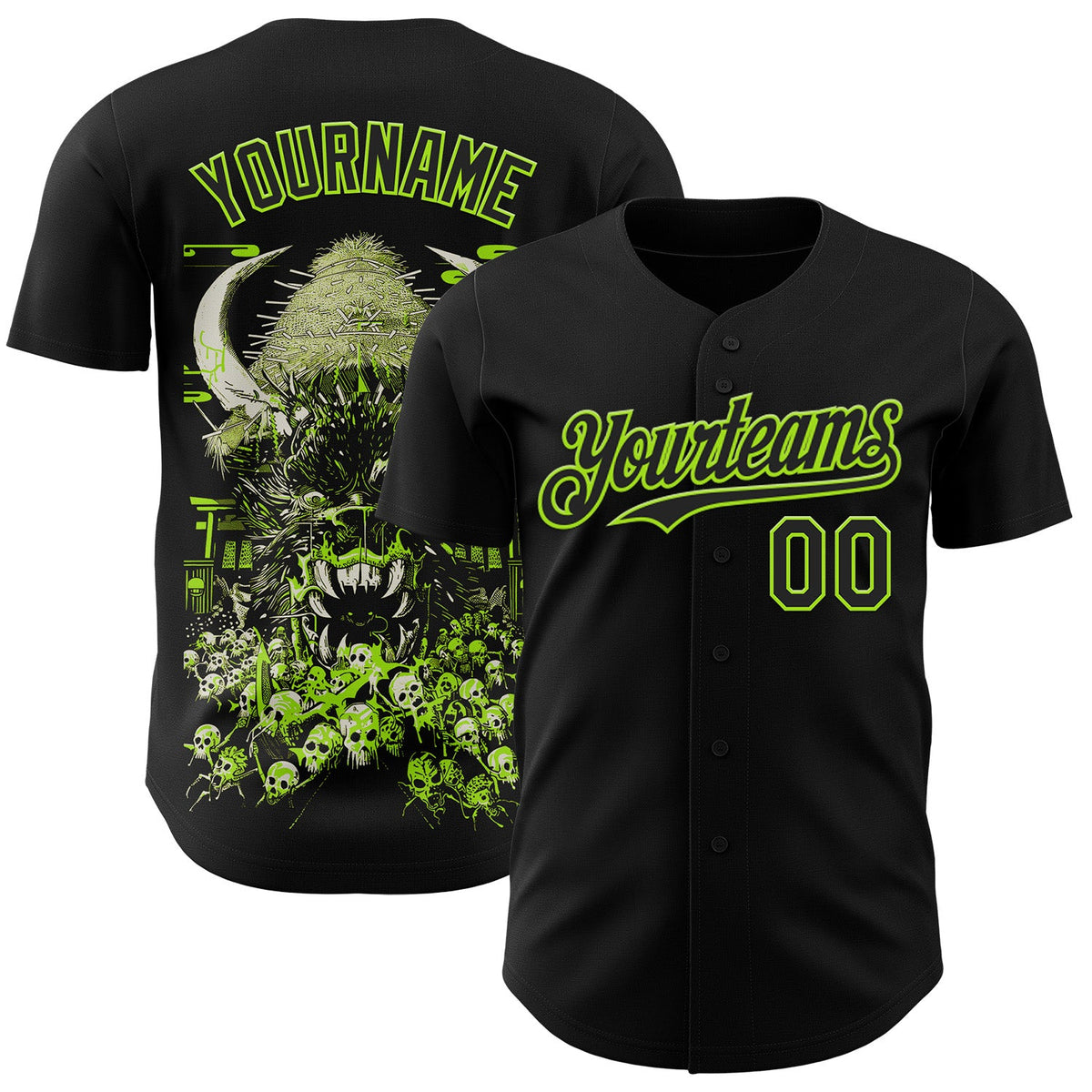 Custom Black-Neon Green Trippy Neon Monster Skull Authentic Baseball Jersey