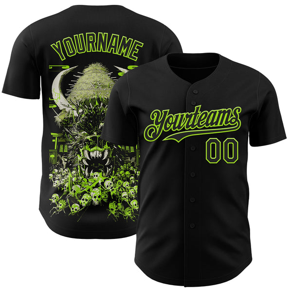 Custom Black-Neon Green Trippy Neon Monster Skull Authentic Baseball Jersey