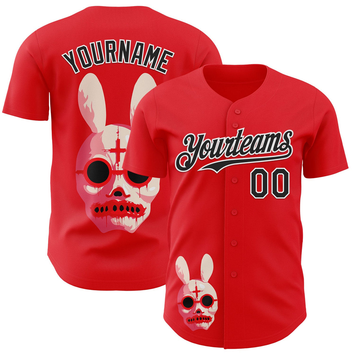Custom Red Black-White Trippy Horror Bunny Skull Authentic Baseball Jersey
