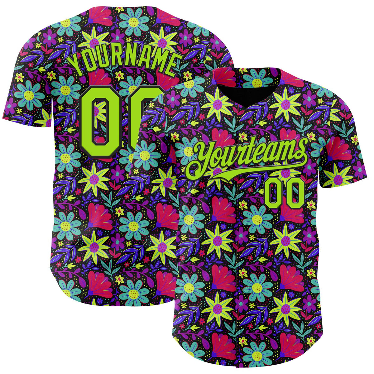 Custom Black-Neon Green Psychedelic Trippy Flower Authentic Baseball Jersey